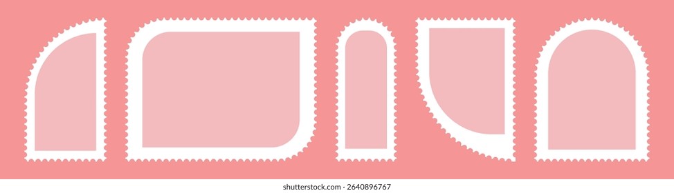 Valentines postage stamp set. Pink post stamp frame and border. square and Rectangular shapes for mail, postcard, letter. Vintage Jagged wavy edge forms for poster, banner, badge, sticker. Vector