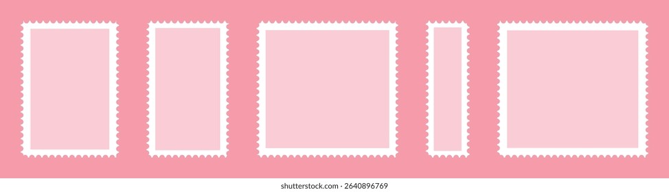 Valentines postage stamp set. Pink post stamp frame and border. square and Rectangular shapes for mail, postcard, letter. Vintage Jagged wavy edge forms for poster, banner, badge, sticker. Vector