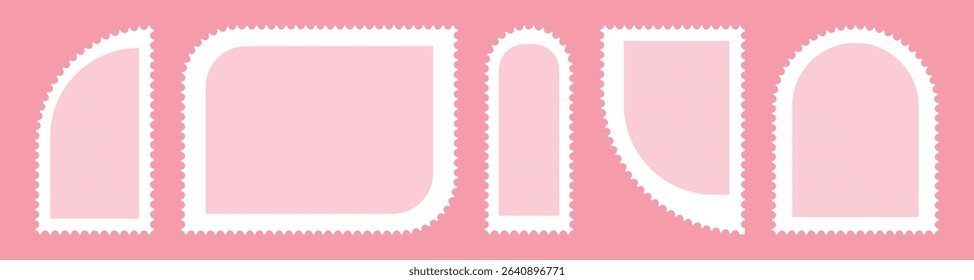 Valentines postage stamp set. Pink post stamp frame and border. square and Rectangular shapes for mail, postcard, letter. Vintage Jagged wavy edge forms for poster, banner, badge, sticker. Vector