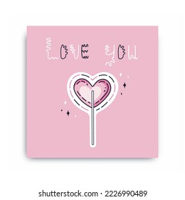 Valentine's postcard. "Love you" lettering and heart lollipop. Illustration for postcard, poster, or card. February 14. St. Valentine's day.