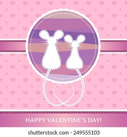 valentine's postcard - silhouette of two amusing mouse with long tails on pink background with hearts and strips, vector illustration