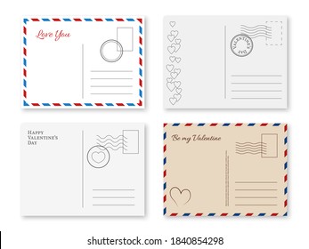 Valentines postcard. Vintage romantic cards with postage stamp happy valentine day with holiday decoration, invitation letter and posting frame, kraft and white paper back side vector isolated set