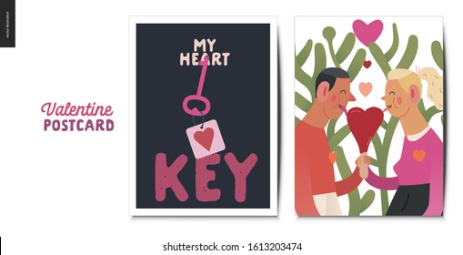 Tarjetas postales de San Valentín - Gráficos del día de San Valentín. Ilustración moderna del concepto vectorial plano - tarjetas de felicitación - llave cardíaca y una pareja joven en amor lamiendo helado con forma de corazón