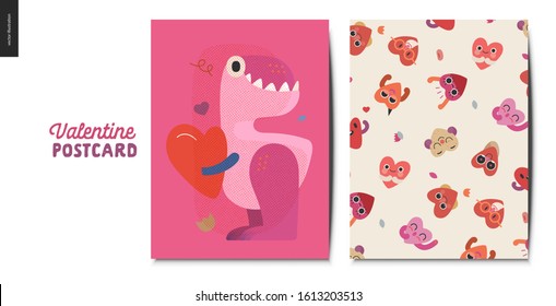 Valentines postcards -Valentines day graphics. Modern flat vector concept illustration - greeting cards - dinosaur holding a heart and pattern of happy heart characters