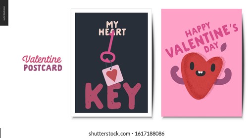 Tarjetas postales de San Valentín - Gráficos del día de San Valentín. Ilustración moderna de concepto vectorial plano - tarjetas de felicitación - llave cardíaca y corazón feliz en el amor