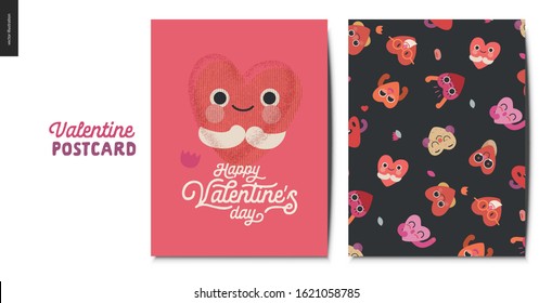 Valentines postcards -Valentines day graphics. Modern flat vector concept illustration - greeting cards - a smiling shy heart in love, heart characters patten on black