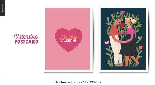 Postales de San Valentín -gráficos del día de San Valentín. Ilustración moderna del concepto vectorial plano - tarjetas de felicitación - un corazón con letras, una pareja joven sosteniendo sus manos lamiendo un helado con forma de corazón