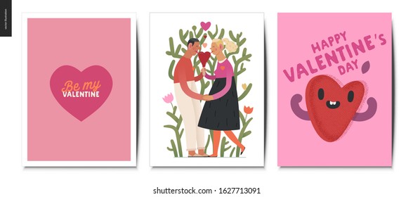 Postales de San Valentín -gráficos del día de San Valentín. Ilustración moderna del concepto vectorial plano - tarjetas de felicitación - una pareja joven sosteniendo sus manos lamiendo un helado con forma de corazón, un corazón feliz enamorado
