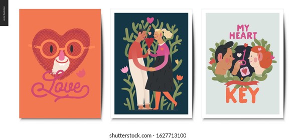 Valentines postcards -Valentines day graphics. Modern flat vector concept illustration - greeting cards - a young couple holding their hands licking a heart shaped ice cream, a happy heart in love