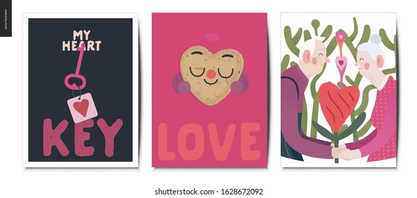 Valentines postcards -Valentines day graphics. Modern flat vector concept illustration - greeting cards -an aged couple holding their hands standing with a heart shaped plant, happy heart in love, key