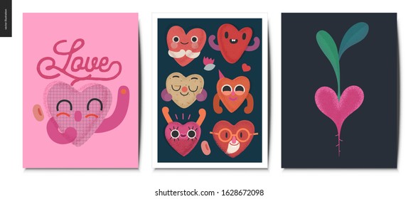 Valentines postcards -Valentines day graphics. Modern flat vector concept illustration - greeting cards - smiling happy hearts and heart shaped vegetable, beet