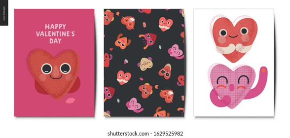 Valentines postcards -Valentines day graphics. Modern flat vector concept illustration - greeting cards - a smiling shy heart in love, heart characters patten on black