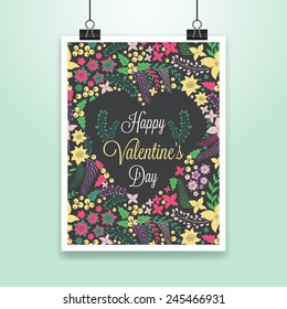 Valentine's poster with cute flowers. Heart-shaped frame, mock up poster