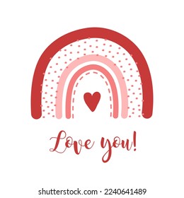 Valentines rainbow with hearts. Romantic element in boho style. Vector childish illustration for posters, stickers, textile, logo, greeting cards.