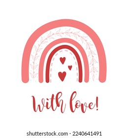 Valentinstag Regenbogen mit Herzen. Romantisches Element im Boho-Stil. Vektorkindische Illustration für Poster, Aufkleber, Textilien, Logo, Grußkarten.