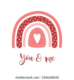 Valentines rainbow with hearts. Romantic element in boho style. Vector childish illustration for posters, stickers, textile, logo, greeting cards.