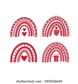 Valentines Rainbows set. Hand drawn cute boho clipart. Vector template for Valentine’s Day banner, poster, flyer, greeting card, t shirt, etc.