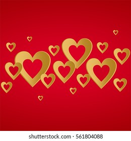 Valentines red background with bright gold heart with the composition of gold hearts in a row at the center. Greeting for lovers and for Mother's Day