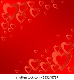 Valentines red background with bright red heart with the composition of red hearts in the corners. Greeting for lovers and for Mother's Day
