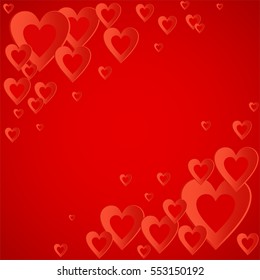 Valentines red background with bright red heart with the composition of red hearts in the corners. Greeting for lovers and for Mother's Day