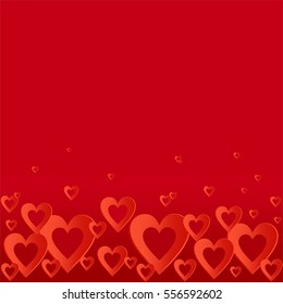 Valentines red background with bright red heart with the composition of red hearts in a row down. Greeting for lovers and for Mother's Day 