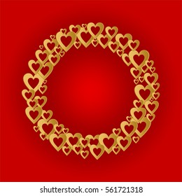 Valentines red background with dark gold circle with a ring of gold hearts composition. Greeting for lovers and for Mother's Day 