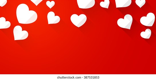 Valentine's red background with white hearts. Vector paper illustration.