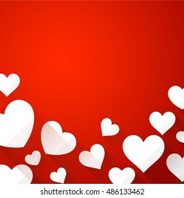 Valentine's red background with white hearts. Vector paper illustration.