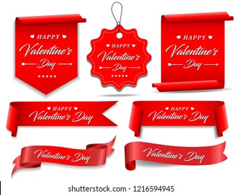 Valentines red banner set. Ribbons and round sticker. Paper scrolls. Vector illustration.