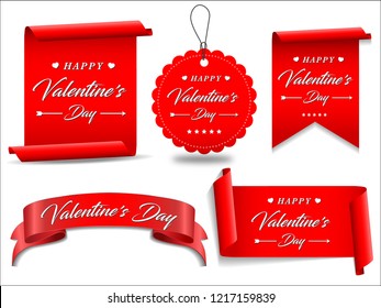 Valentines red banner set. Ribbons and round sticker. Paper scrolls. Vector illustration.