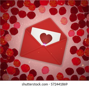 Valentine`s red envelope with heart on the red rose petals background, Red envelope with red heart inside, vector