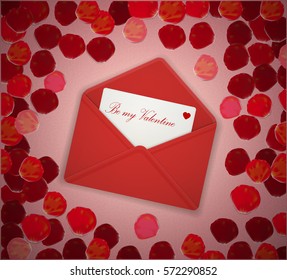 Valentine`s red envelope on the red rose petals background, Red envelope with romantic inscription ``Be my Valentine`` on the red background, vector