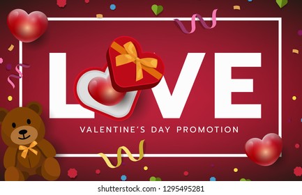 Valentines red frame banner, love letter with gift box, invitation, greeting card. Vector illustration
