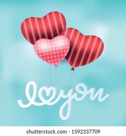 Valentines red heart balloons vector poster design with floating I love you text typography in blue sky background for valentines day greeting card and banner. Vector illustration