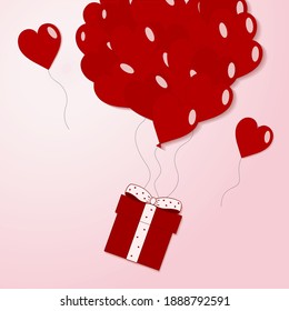 Valentines red hearts balloon with gift box postcard on pink background. Love and holiday symbols in shape of heart for Happy Women's, Mother's, Valentine's Day, birthday greeting card vector 