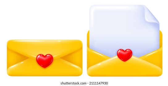 Valentines With Red Hearts. Postal Yellow Envelope, Open, Closed And With Paper Sheet, In 3d Minimalist Style. Bright Glossy And Convex Mail Icon Isolated On White Background. Vector Illustration.