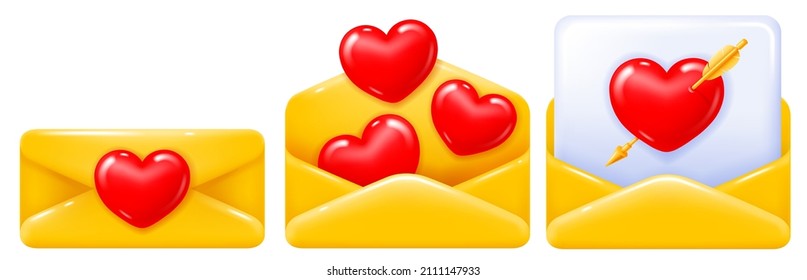 Valentines With Red Hearts. Postal Yellow Envelope, Open, Closed And With Paper Sheet, In 3d Minimalist Style. Bright Glossy And Convex Mail Icon Isolated On White Background. Vector Illustration.