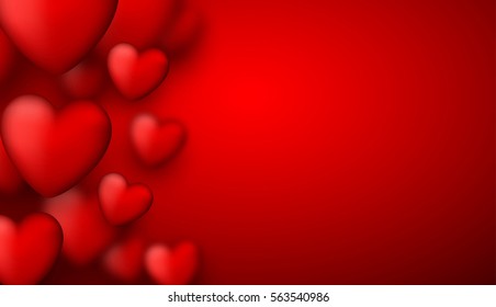 Valentine's red love background with 3d hearts. Vector illustration.