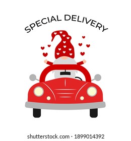Valentines red retro car and cute Nordic gnome. Special delivery. Vector  template for Valentine’s Day greeting card, banner, poster, flyer, etc.