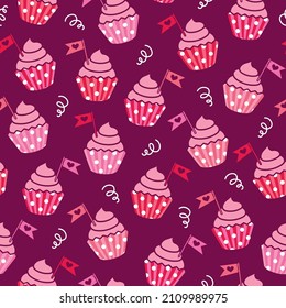 Valentine's retro cupcakes party burgundy seamless pattern