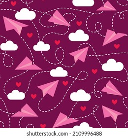 Valentine's retro paper planes sending love hearts burgundy pattern