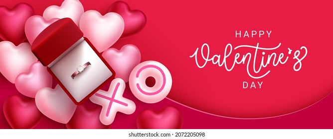 Valentines ring present vector design. Happy valentine's day text with diamond ring gift element in elegant red background for hearts day romantic proposal and invitation. Vector illustration.
