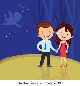 Valentines romance. Lovely young couple or girl friend or boyfriend dating at night. Picture of cupid holding a bow and arrow as a symbol of love.