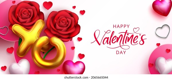 Valentines romantic greeting vector design. Happy valentine's day text with red roses and gold balloon elements for romantic valentine celebration gifts and decoration. Vector illustration.
