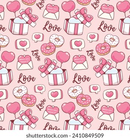 Valentines romantische Gegenstände handgezeichnet nahtloses Muster