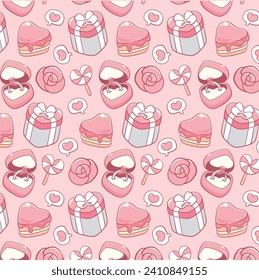 Valentines romantic items pink pastel seamless pattern