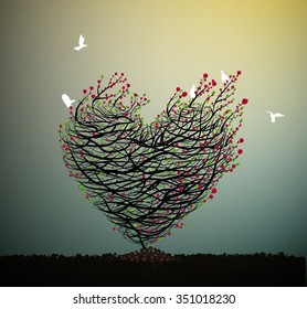 Valentine`s rose thorns composition, grow love, rose bush looks like heart creating from branch and red rose grow on soil and pigeon flying to it, vector