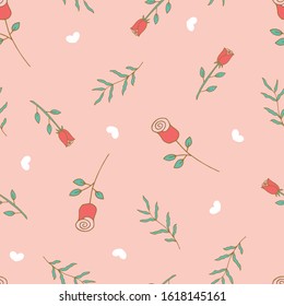 Valentines Roses and Hearts Cute Vector Seamless Pattern