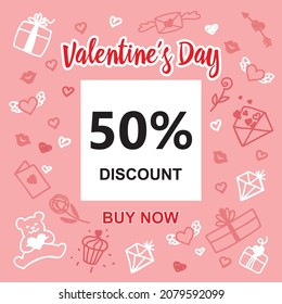 Valentine's sale with 50% discount.  Gifts shop. San valentine's banner. Vector.