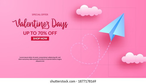 Valentine's sale banner with paper plane fly in the sky. Paper cut style vector illustration. pink pastel background